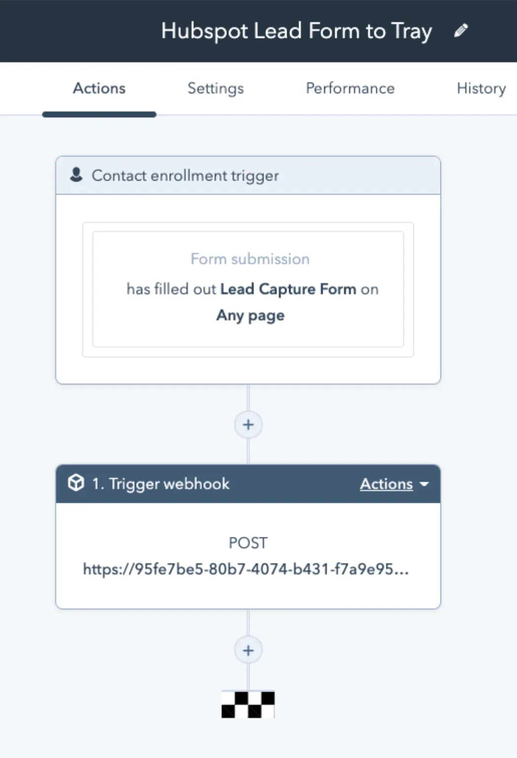 Completed HubSpot workflow Hubspot Lead Form to Tray with a Lead Capture Form submission trigger feeding a POST Trigger webhook step containing the Tray URL.